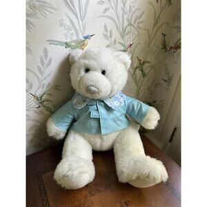 Build A Bear White Bear 15” Plush with Blue Short Sleeve Shirt